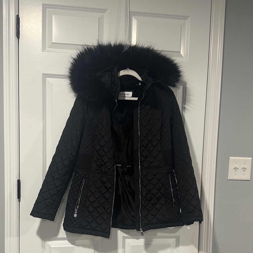 Calvin Klein Black Quilted Puffer Jacket with Faux Fur Hood
